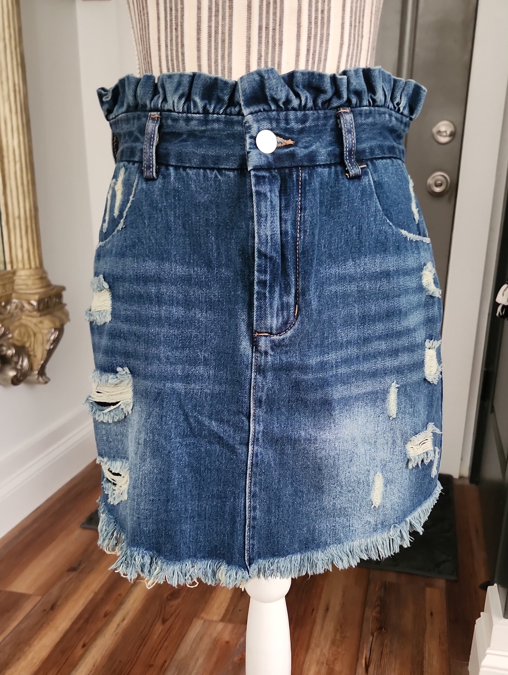 Hayden Denim Ruffle-Waist Distressed Mini Skirt - Blue